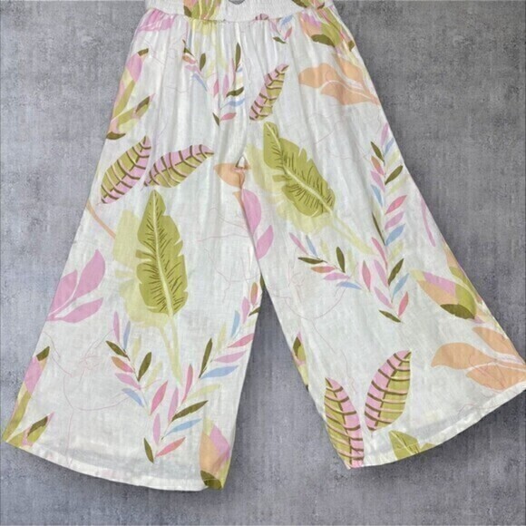 Cynthia Rowley Linen Pants Womens L Cream Tropical Print Wide Leg Crop Pull On - Picture 9 of 15